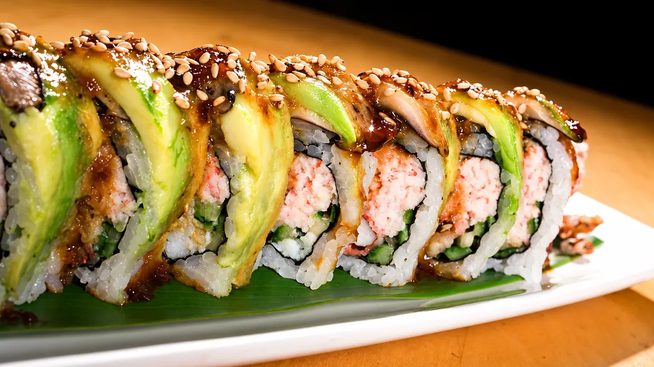 A roll topped with avocado, eel and sesame